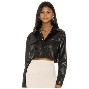 Revolve L’Academie Fearless Cropped Black Leather Shirt Jacket Sz XS